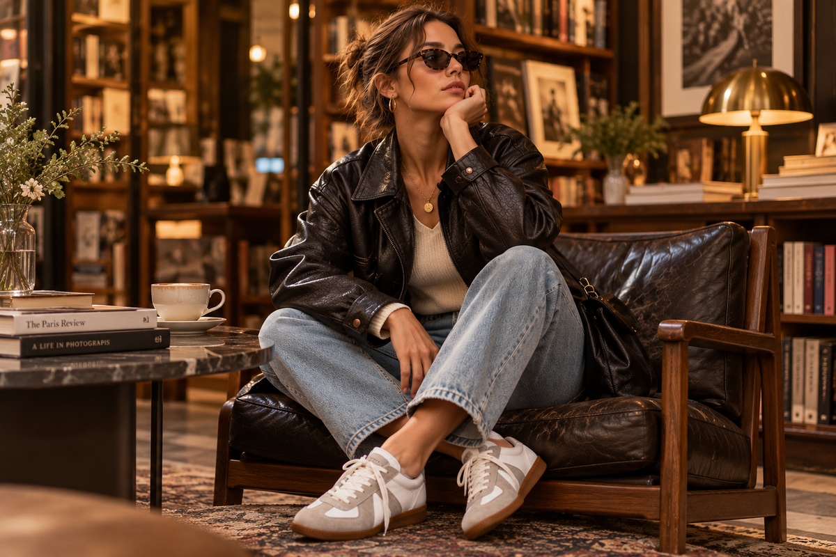 The Valen Trainer styled with relaxed trousers on a European street