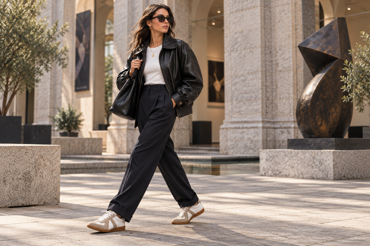 The Valen Leather Jacket styled for a city walk