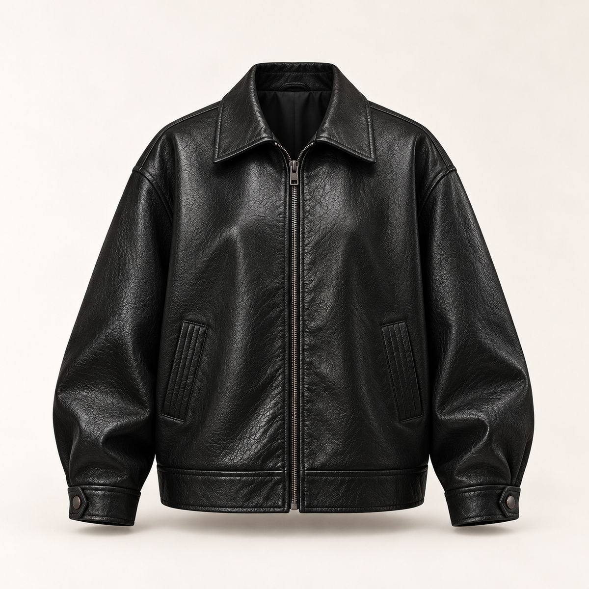 The Valen Leather Jacket in Midnight Black, front view