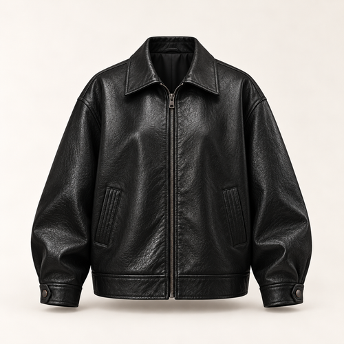 The Valen Leather Jacket in Midnight Black, front view
