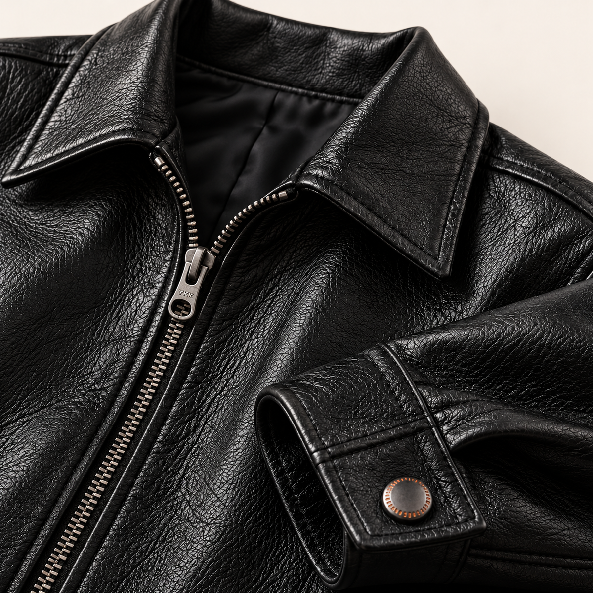 The Valen Leather Jacket collar, textured finish and metal zipper detail