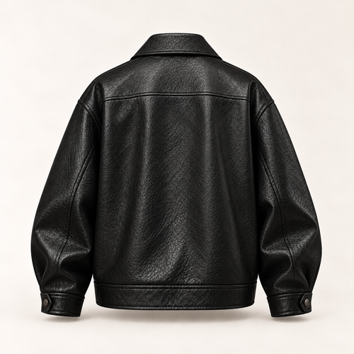 The Valen Leather Jacket in Midnight Black, back view