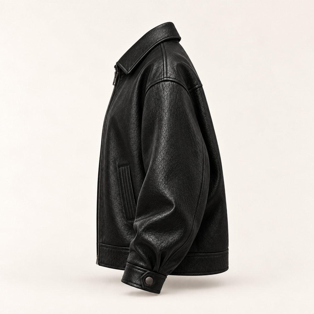 The Valen Leather Jacket in Midnight Black, side view
