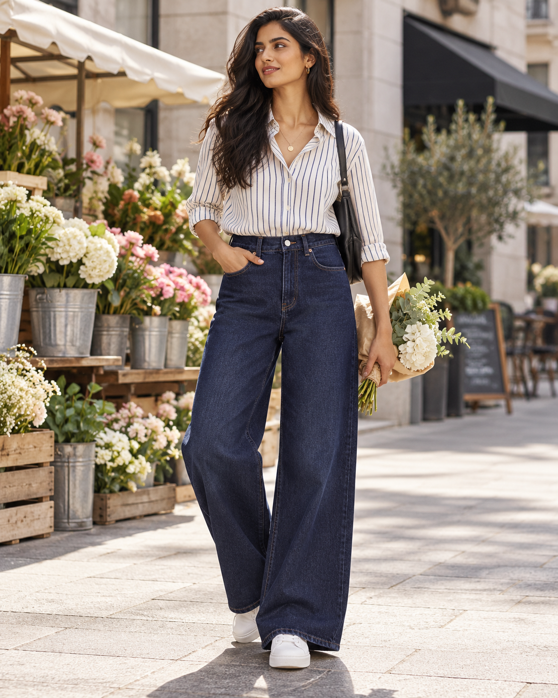 The Valen Wide-Leg Jean in Dark Indigo styled with a striped shirt on a city street