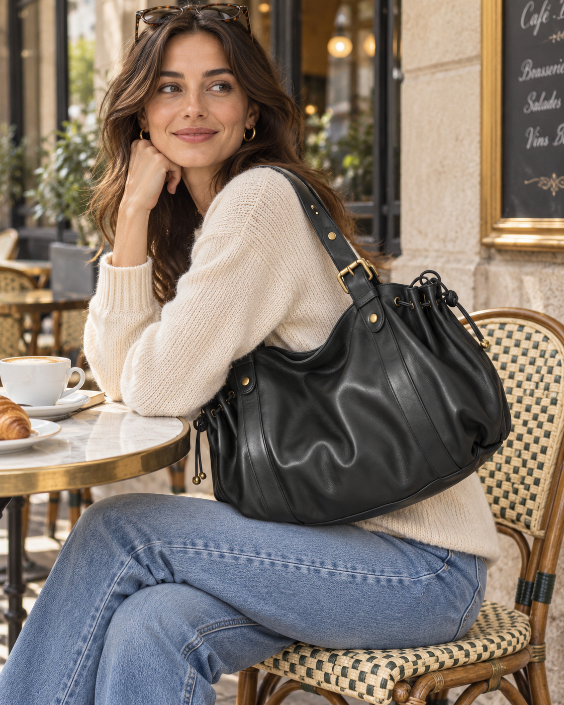 Valen Hobo in Classic Black worn over a cream sweater by a woman seated at an outdoor café.
