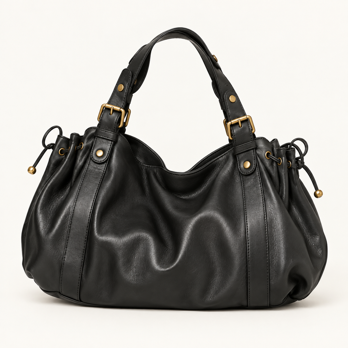 Valen Hobo in Classic Black, front view with the adjustable shoulder strap extended.