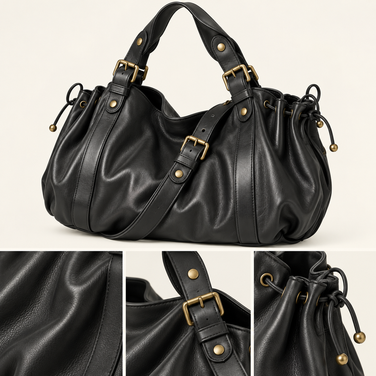 Valen Hobo in Classic Black with close-up views of the gathered finish, strap buckle and side drawstring details.