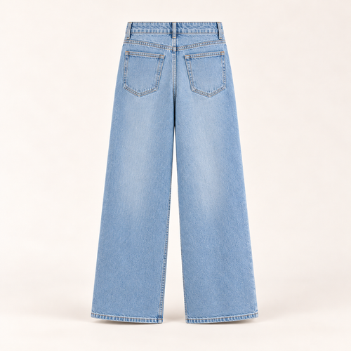 The Valen Wide-Leg Jean in Light Wash Blue, back view with patch pockets
