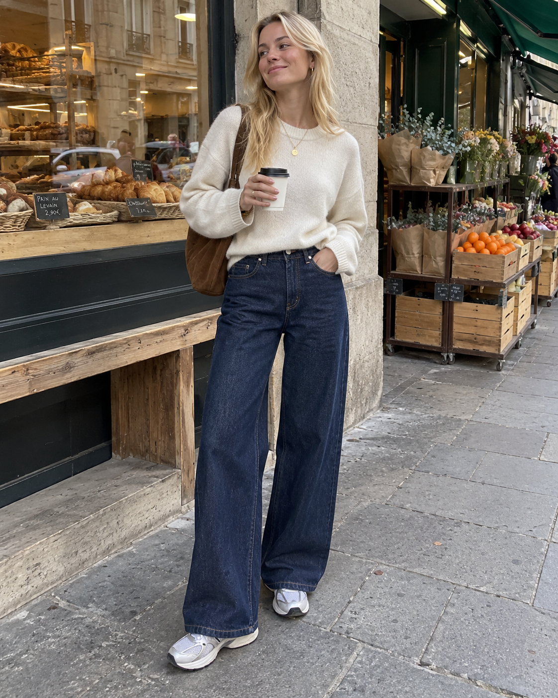 The Valen Wide-Leg Jean in Dark Indigo styled with a light blouse outside a café