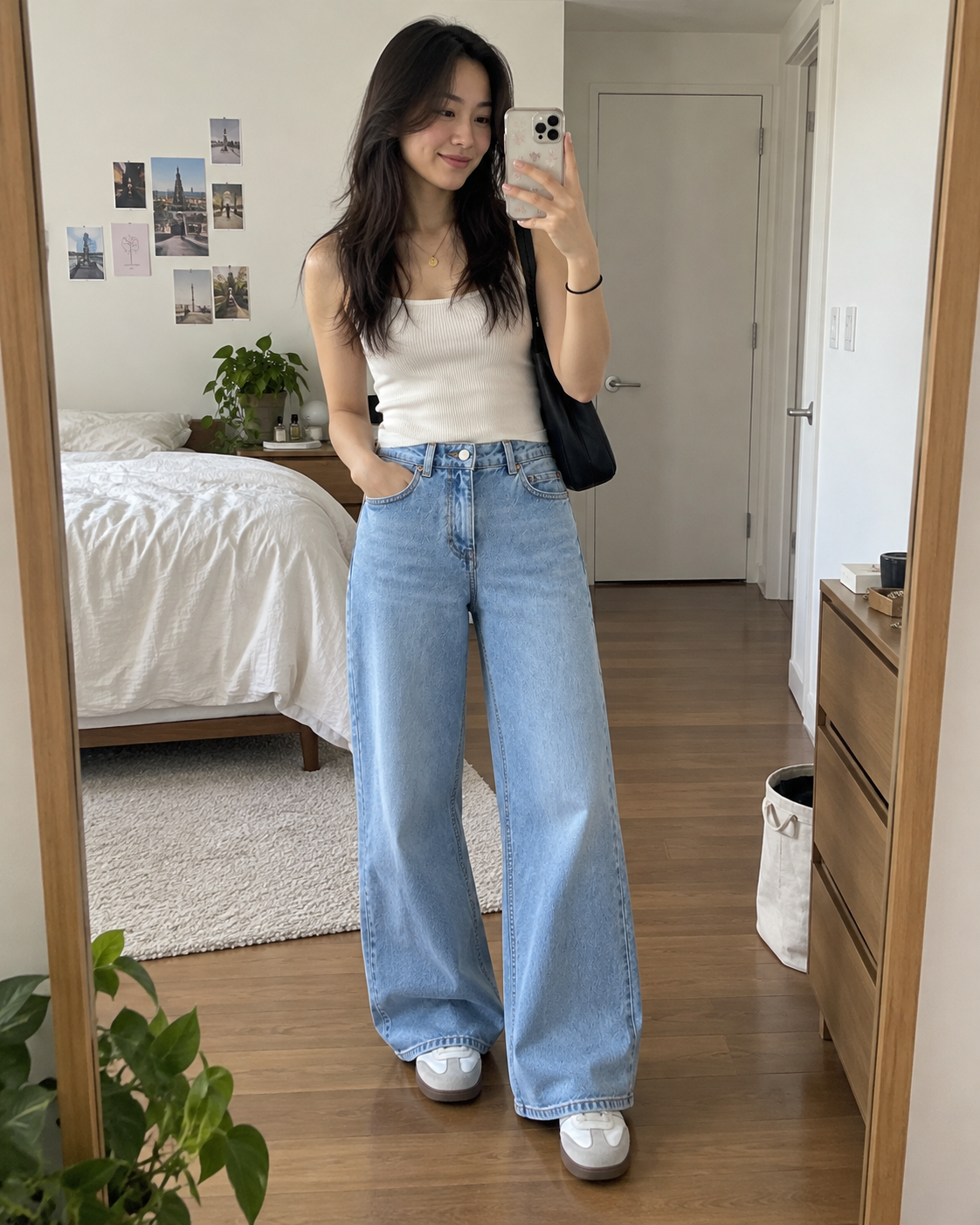 The Valen Wide-Leg Jean in Light Wash Blue styled with a light top indoors