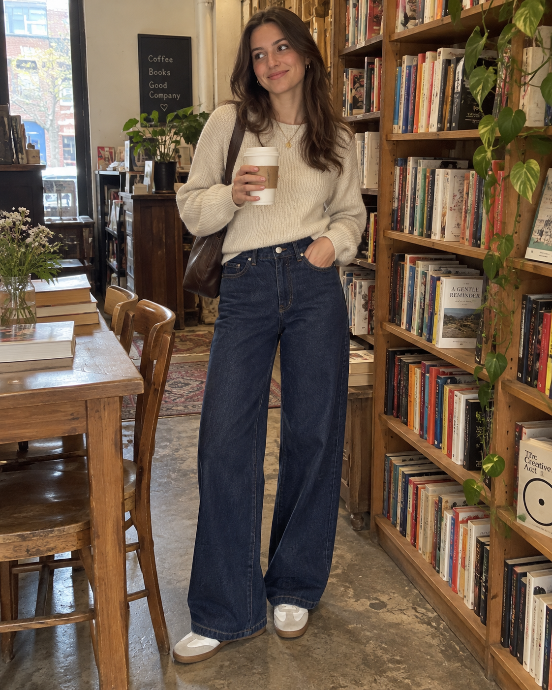 The Valen Wide-Leg Jean in Dark Indigo styled with a cream blouse in a bookstore