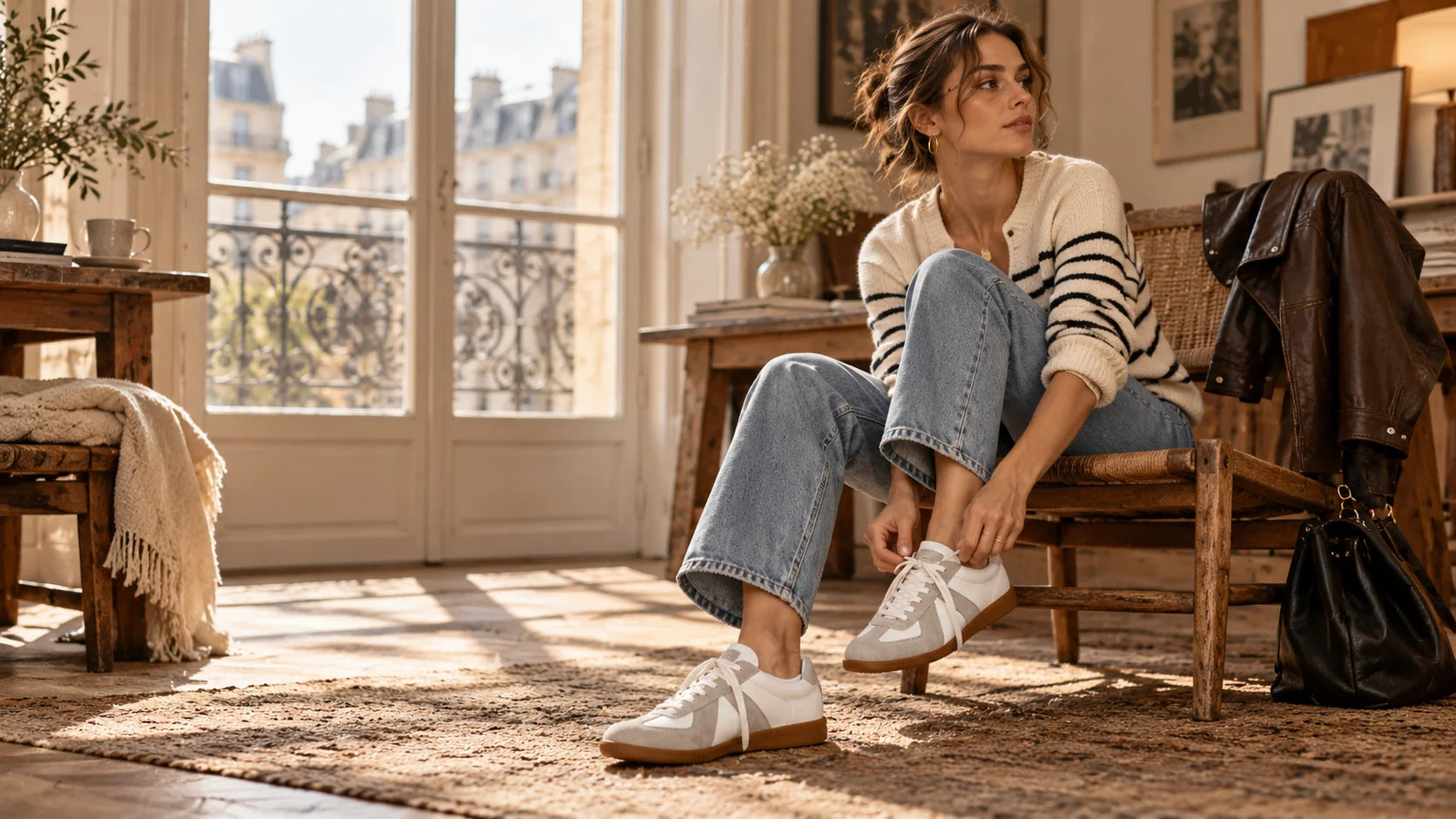 A woman in a striped cardigan and relaxed denim, tying her Valen Trainers at home